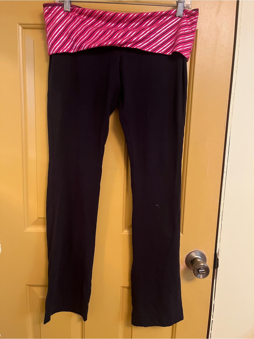 Black Yoga Pants with Pink Striped Foldover Waistband